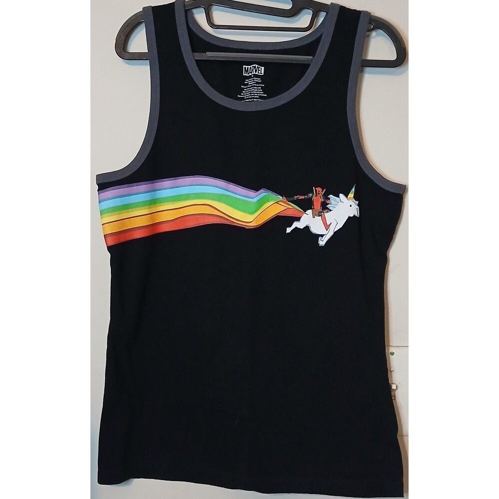 Marvel Deadpool Unicorn Tank Top Mens Medium Rainbow Double Sided Graphic Black
